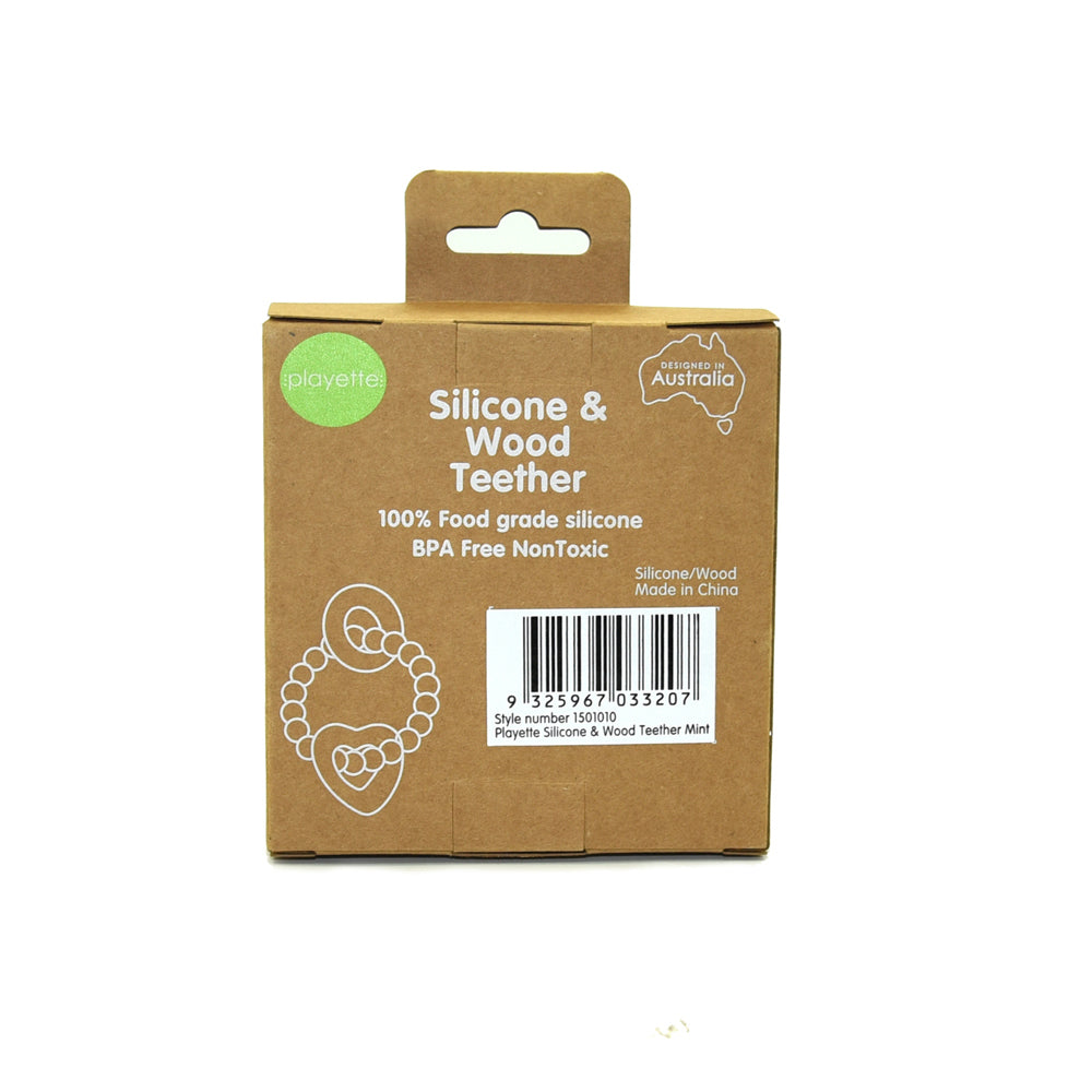 1501010-playette-silicone-and-wood-baby-infant-heart-teether-mint-4m