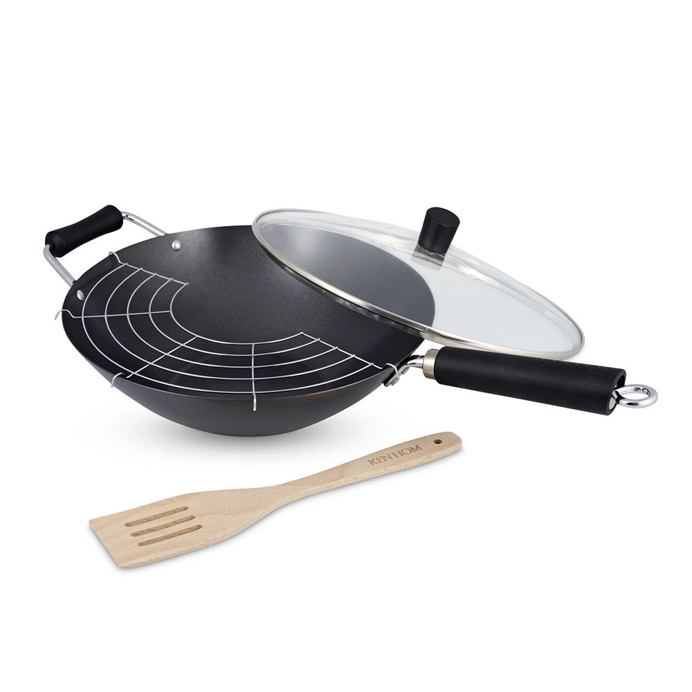 71008-4pc-ken-hom-non-stick-carbon-steel-wok-frypan-w-lid-rack-turner-set