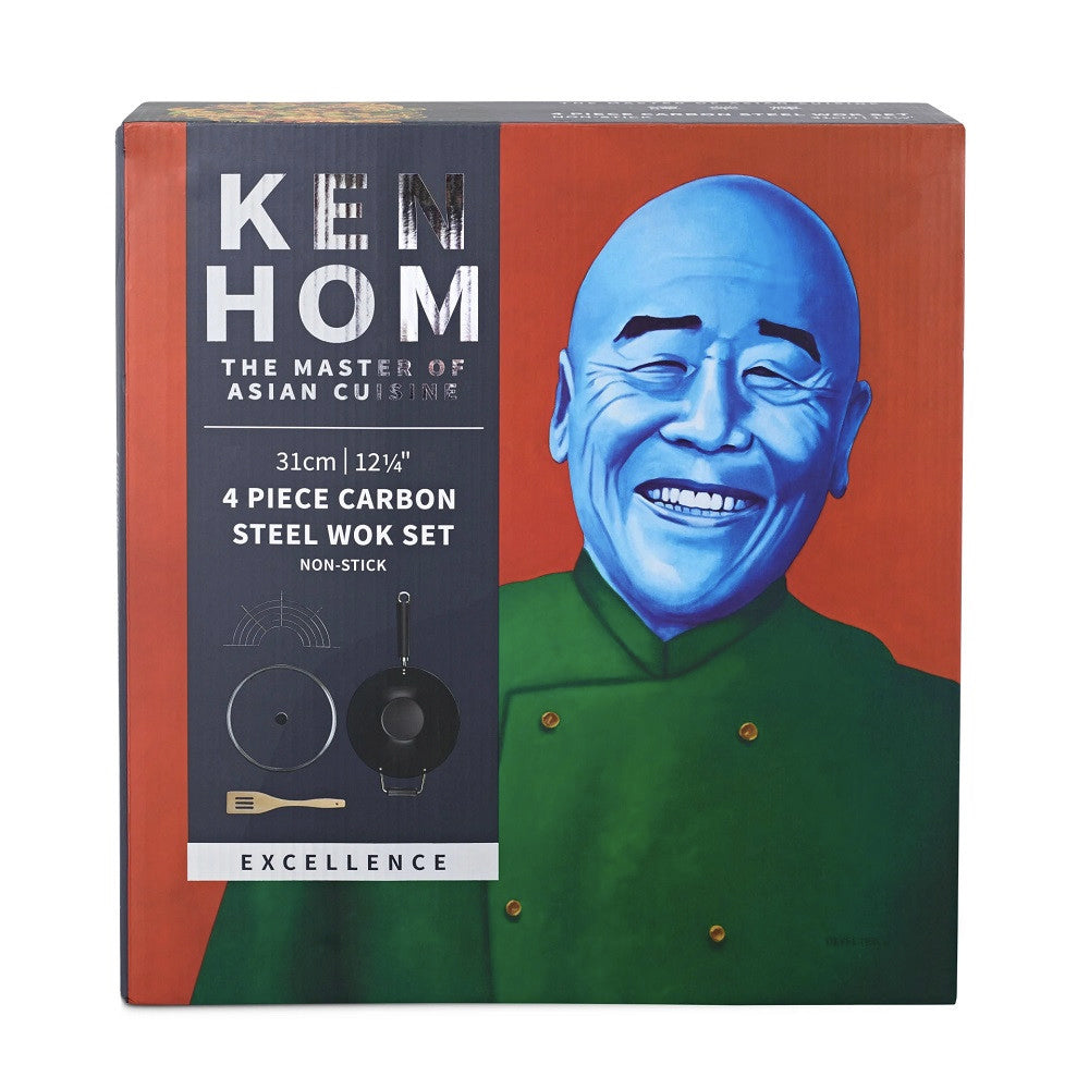 71008-4pc-ken-hom-non-stick-carbon-steel-wok-frypan-w-lid-rack-turner-set