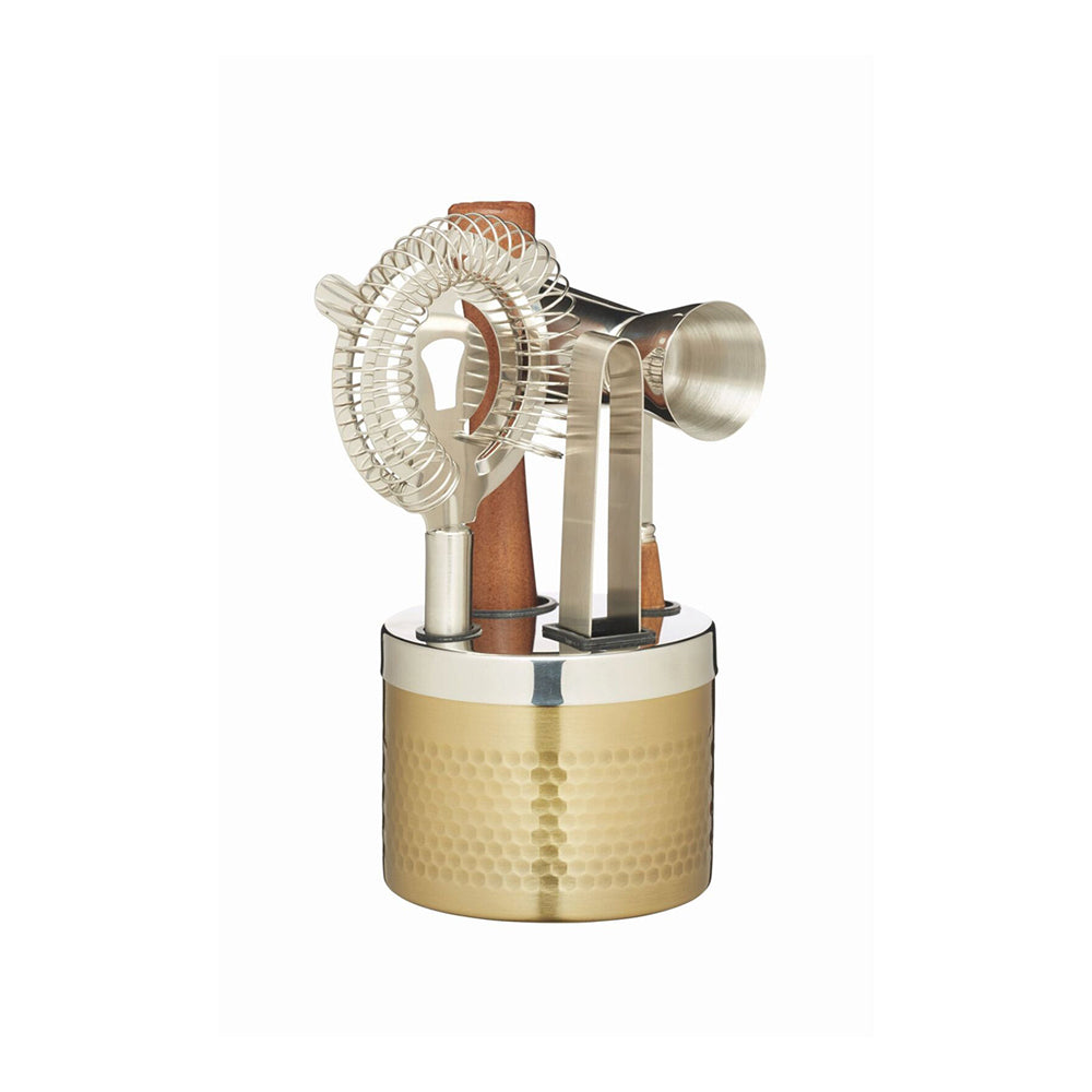 82363-5pc-barcraft-hammered-brass-finish-cocktail-muddler-strainer-set-silver