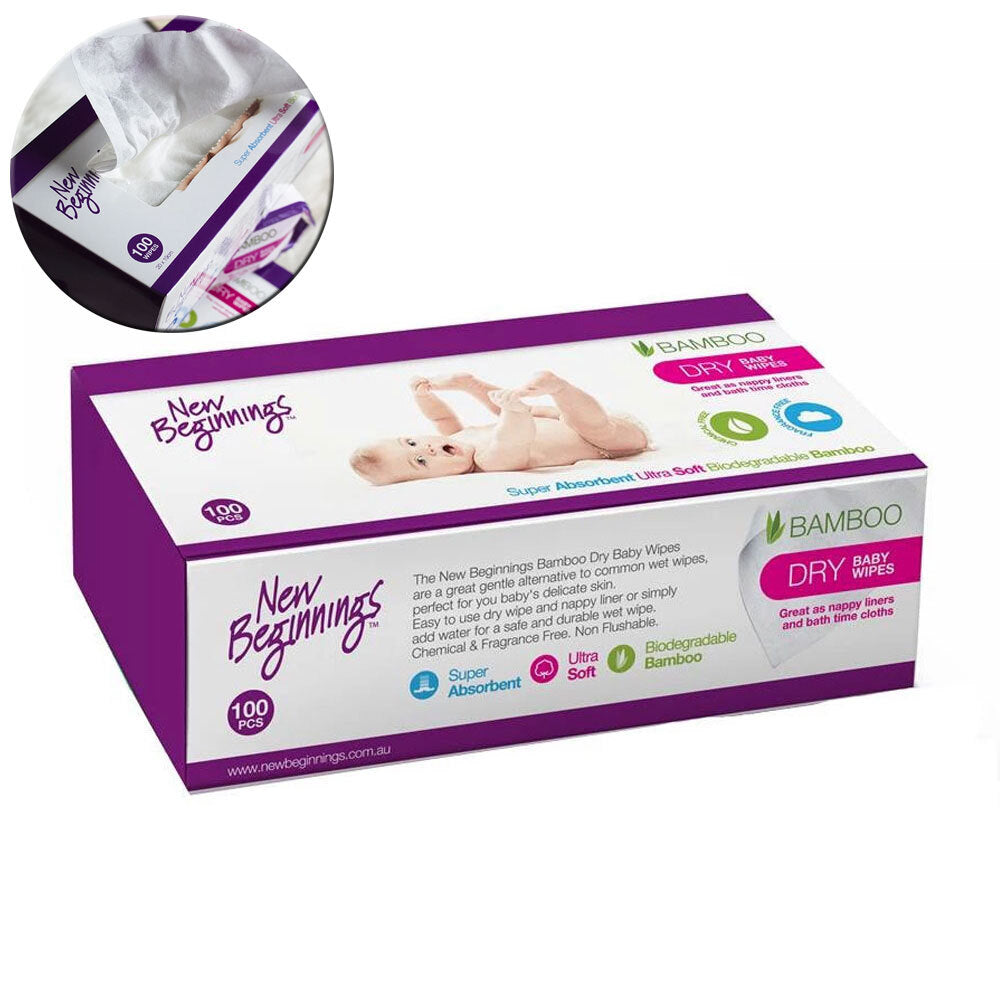 100pc New Beginnings 20x19cm Bamboo Dry Wipes