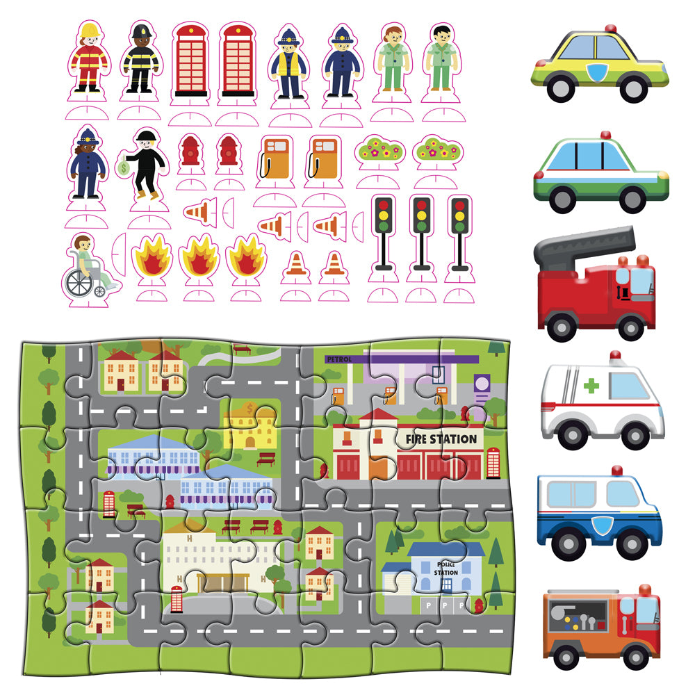 28pc Wonder Full Pull-Back & Go Kit Emergency Vehicles Floor Puzzle/Book