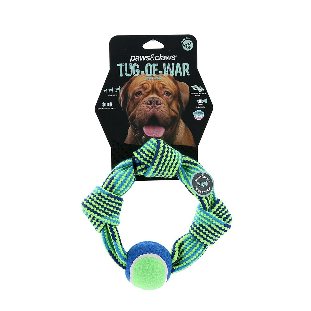 10232-paws-claws-tug-of-war-squeaky-rope-ring-w-tennis-ball-25cm-blue-green