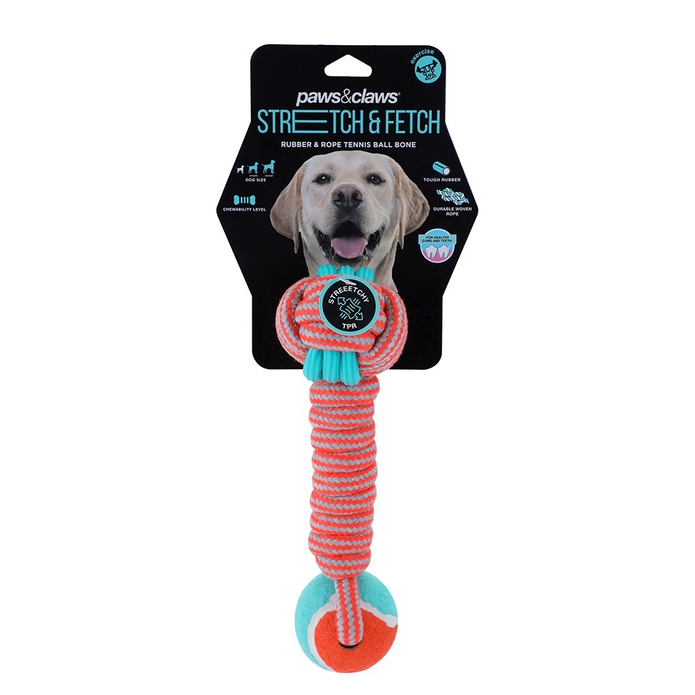 12199-paws-claws-dog-toy-25cm-stretch-fetch-tpr-braided-rope-bone-w-ball