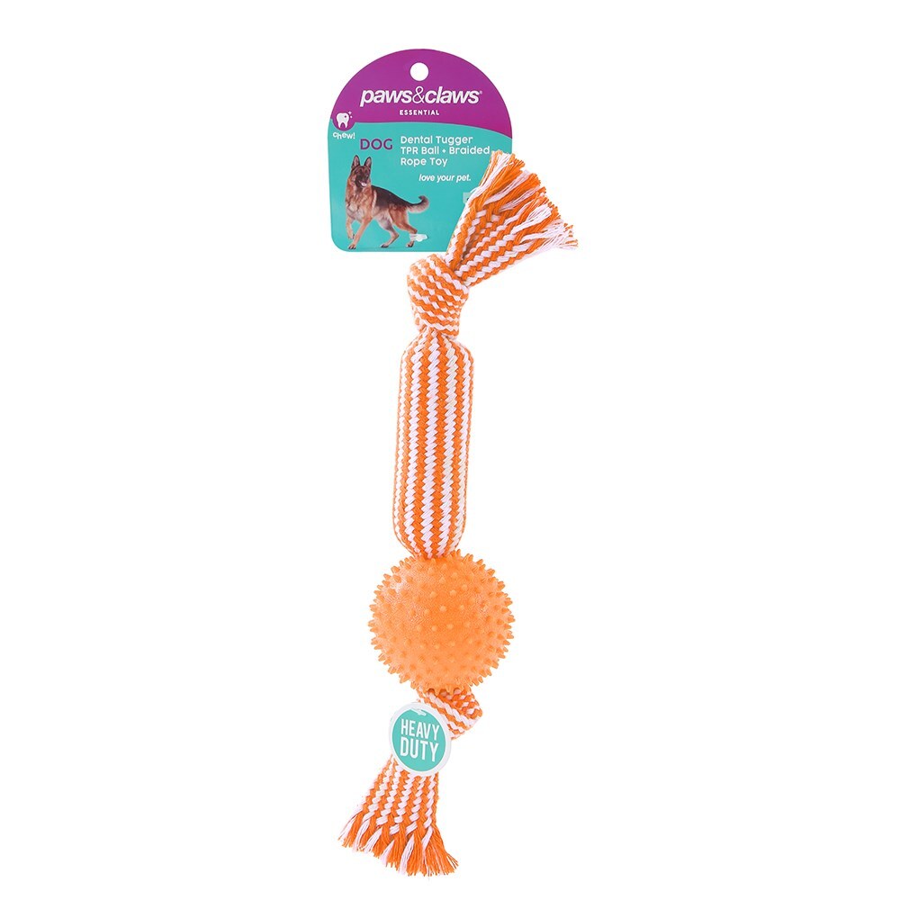 17156-paws-claws-dental-tugger-dog-pet-toy-tpr-ball-braided-rope-assorted-37cm