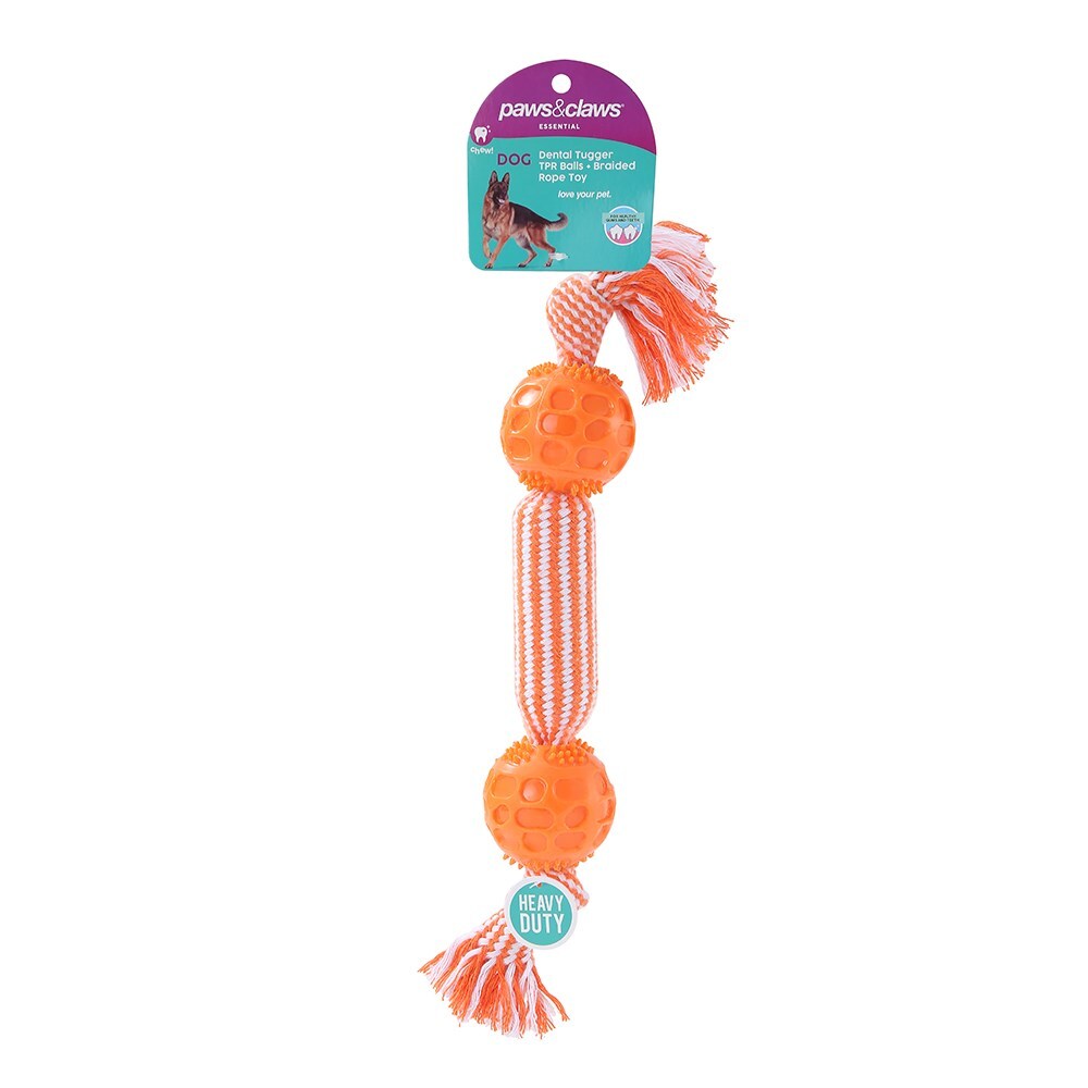 17187-paws-claws-dental-tugger-dog-pet-toy-tpr-balls-braided-rope-assorted-38cm