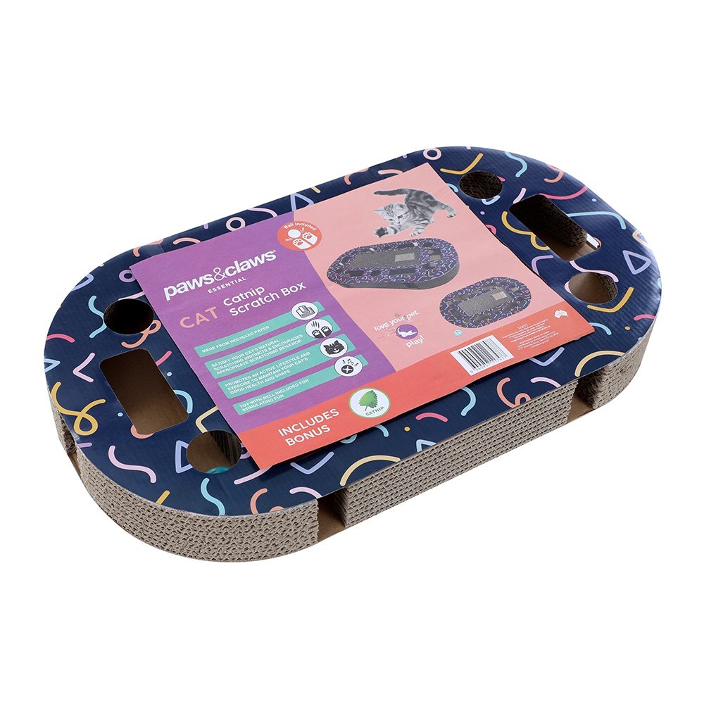 17477-paws-claws-48x23cm-cardboard-cat-activity-scratcher-w-toys