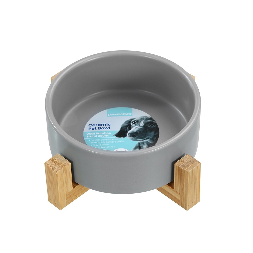 21689-paws-claws-13cm-380ml-ceramic-pet-bowl-w-bamboo-stand-assorted