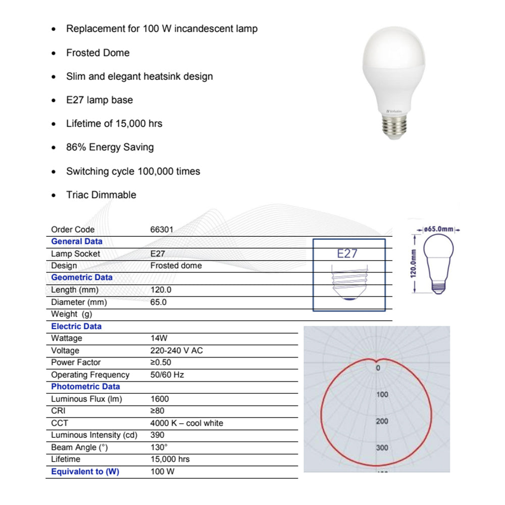 66301-verbatim-e27-screw-cool-white-classic-a-dimming-light-bulb-14w-1600lm-4000k