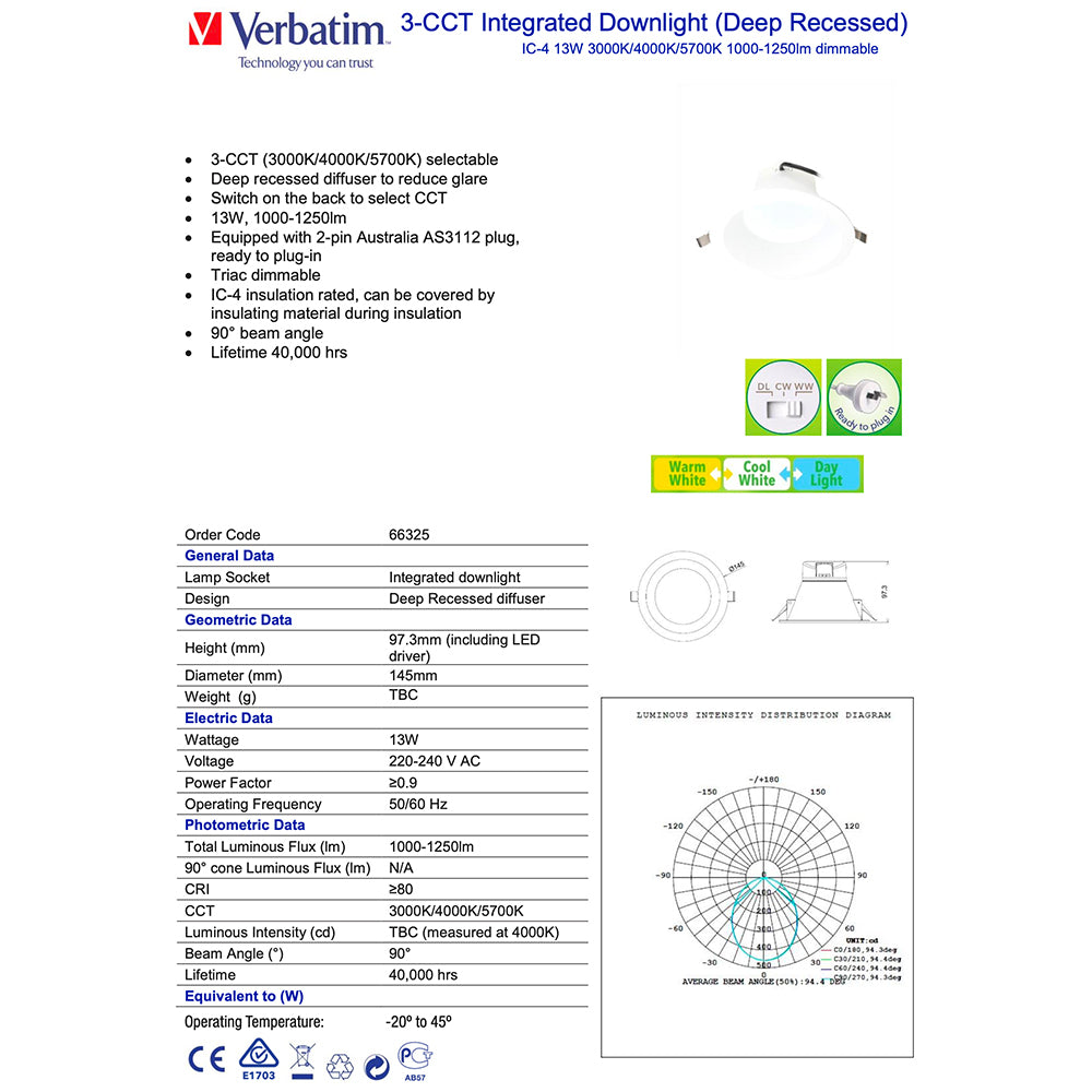 66325-verbatim-recessed-tri-colour-downlight-13w-3000k-4000k-5700k-125mm-cutout