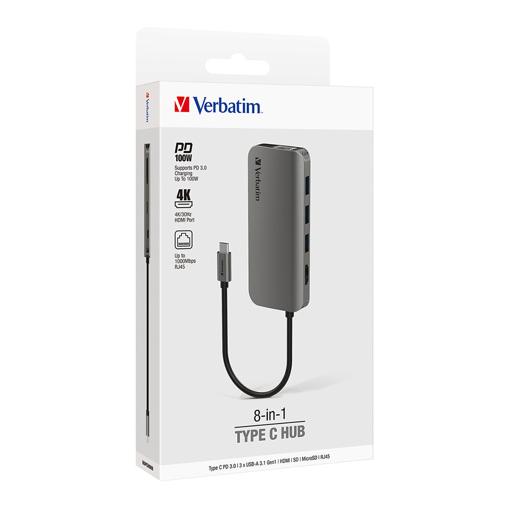 66604-verbatim-8-in-1-usb-c-to-hdmi-rj45-sd-microsd-100w-hub-grey