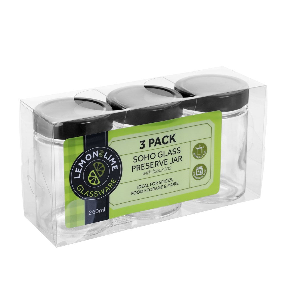 3PK Lemon & Lime Soho Glass Preserve Jar 260Ml With Black Lid