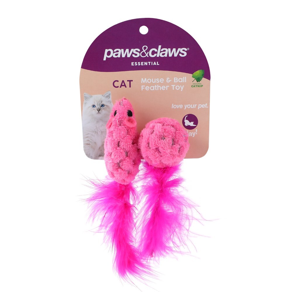 2PK Paws & Claws 15cm Mouse & Ball Feather Toy w/ Catnip - Assorted