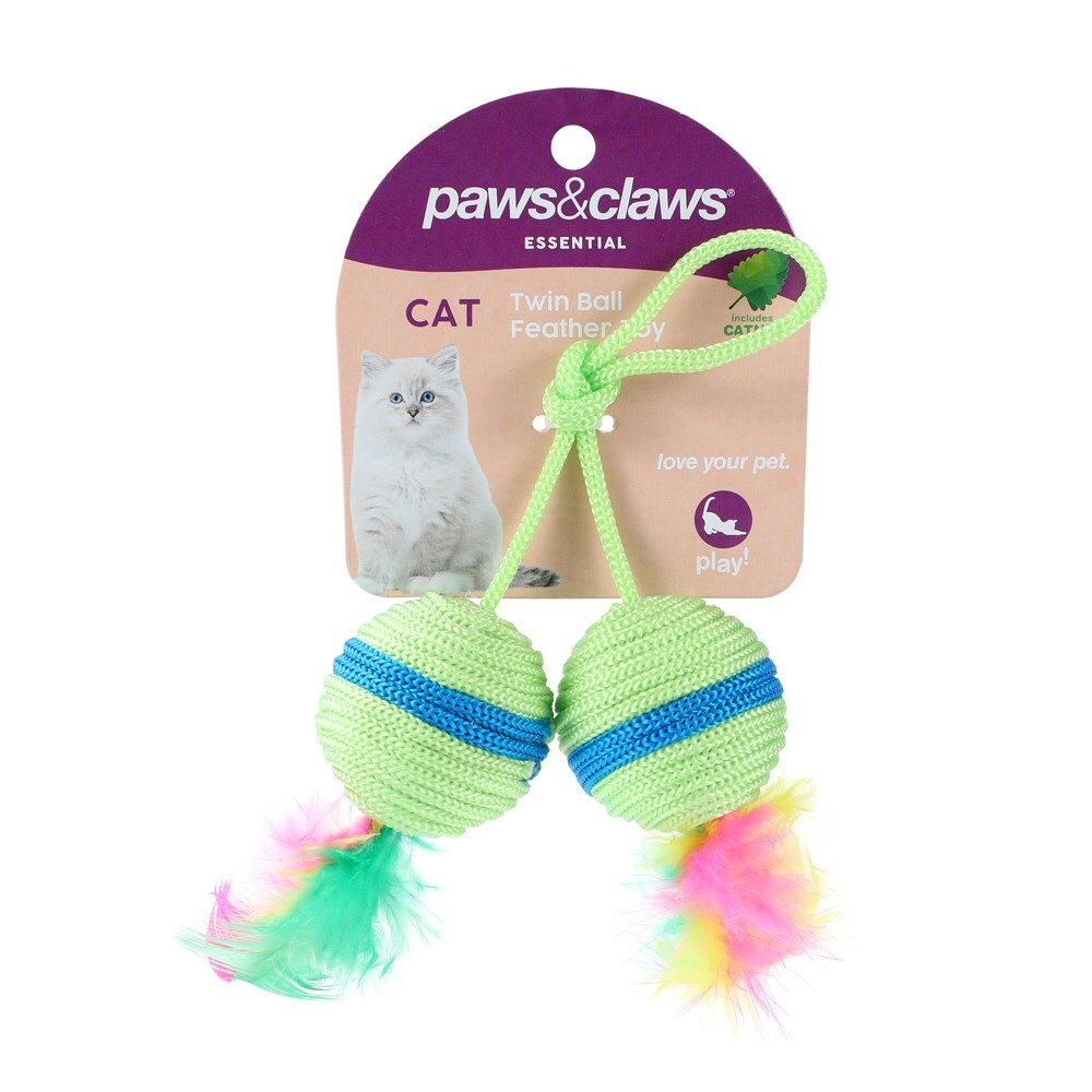 Paws & Claws 20cm Twin Ball & Feather Catnip Toy - Assorted