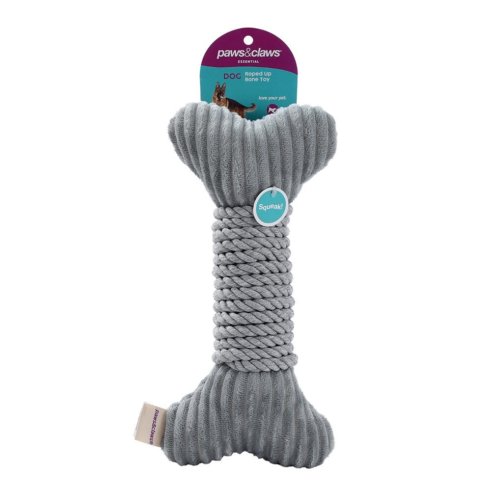 Paws & Claws 30x14cm Roped-Up Plush Bone Dog Toy - Grey