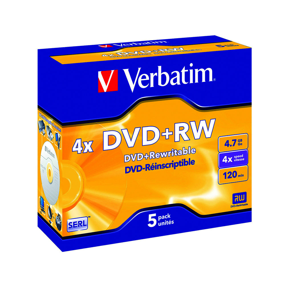 5PK Verbatim DVD+RW 4.7GB 4x Rewritable Blank Discs w/ Jewel Case