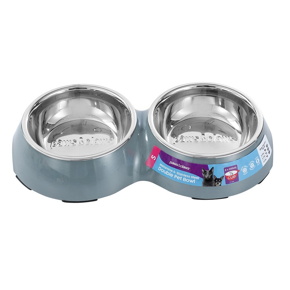 2pc Paws & Claws Melamine Pet/Dog/Cat 200ml/25cm Double Bowl - Grey