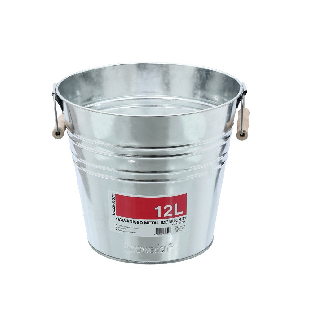 Boxsweden Metal Ice Bucket Wood Handles 12L Galvanised 30X30X27cm