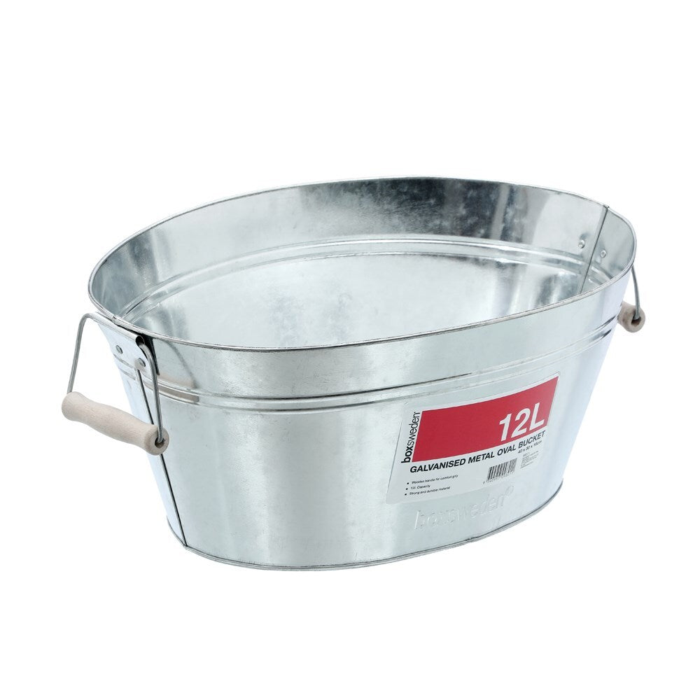 Boxsweden Metal Oval Bucket 12L Wood Handles Galvanised 40X30X18cm