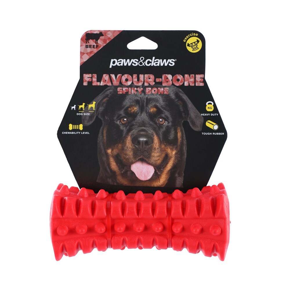 Paws & Claws Flavour-Bone Spiky Bone Beef Flavoured Rubber Toy 16X6.5cm Red