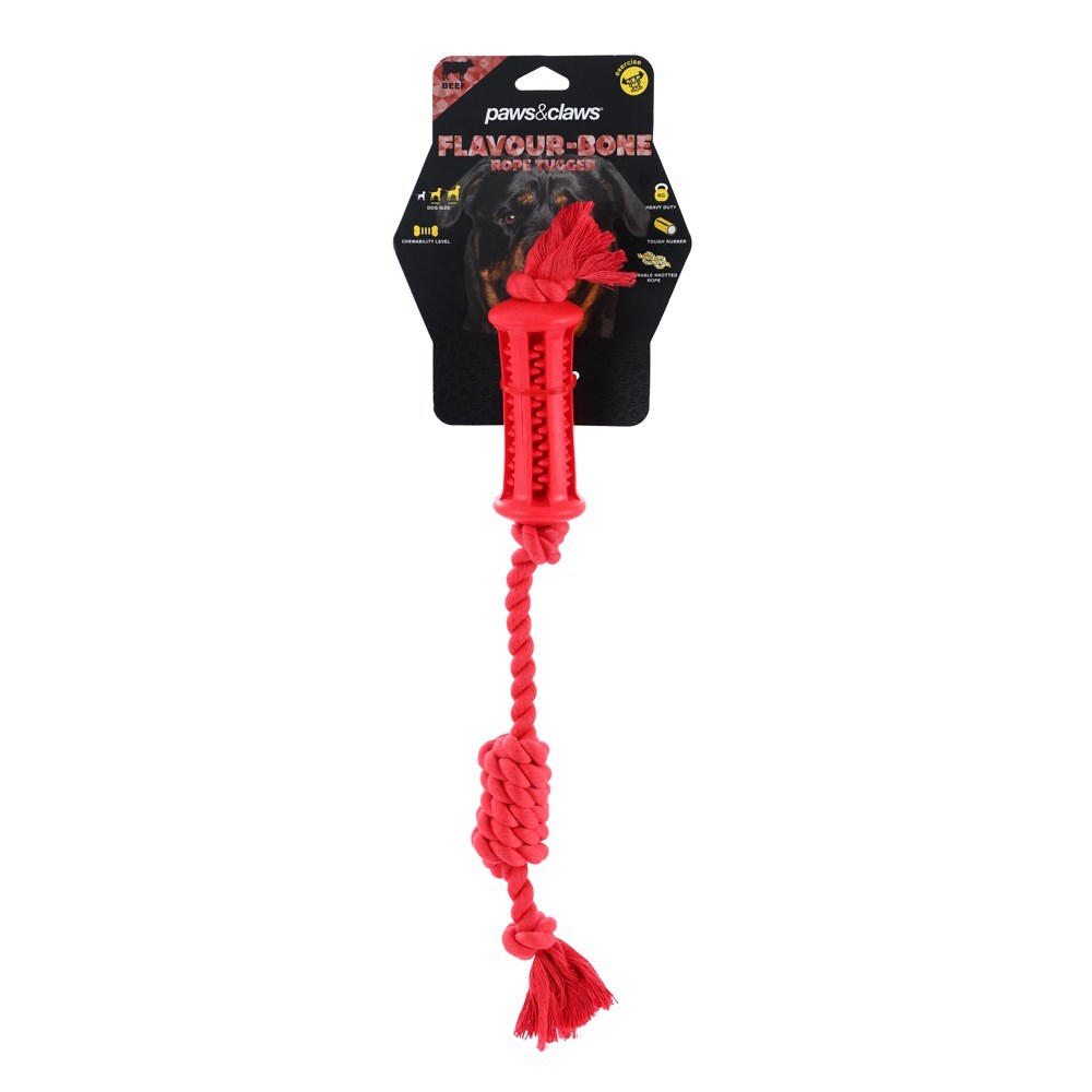Paws & Claws Flavour-Bone Rope Tugger Beef Flavoured Rubber Toy 38X5cm Red