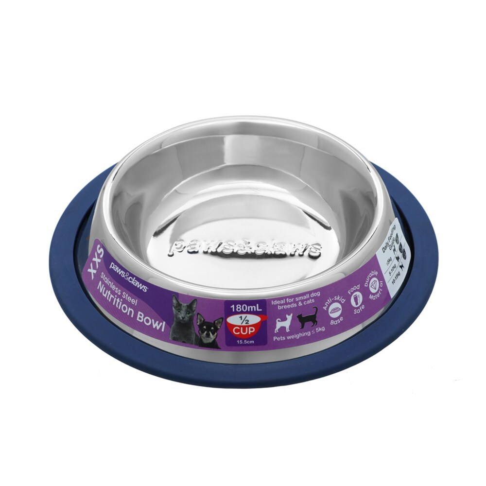 Paws & Claws Stainless Steel Pet Bowl Blue Anti-Skid 180Ml
