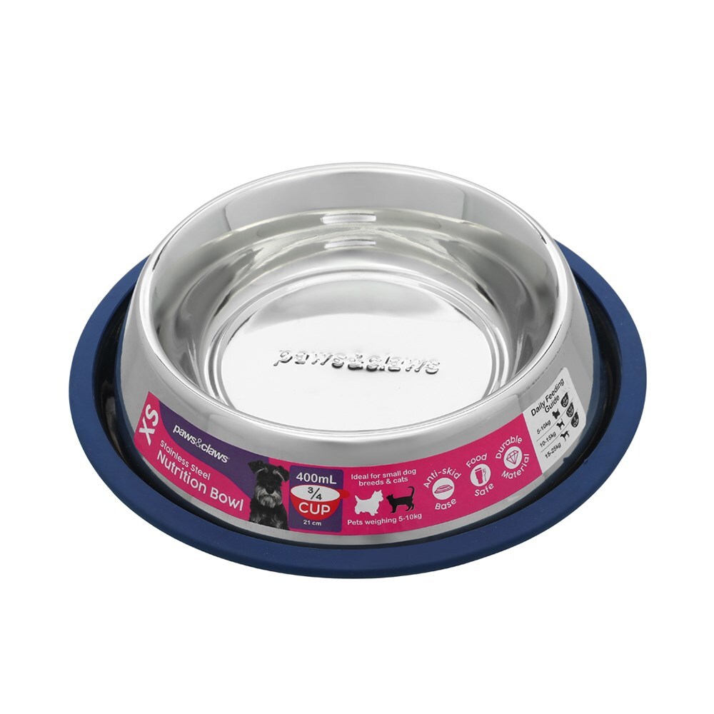 Paws & Claws Stainless Steel Pet Bowl Blue Anti-Skid 400Ml