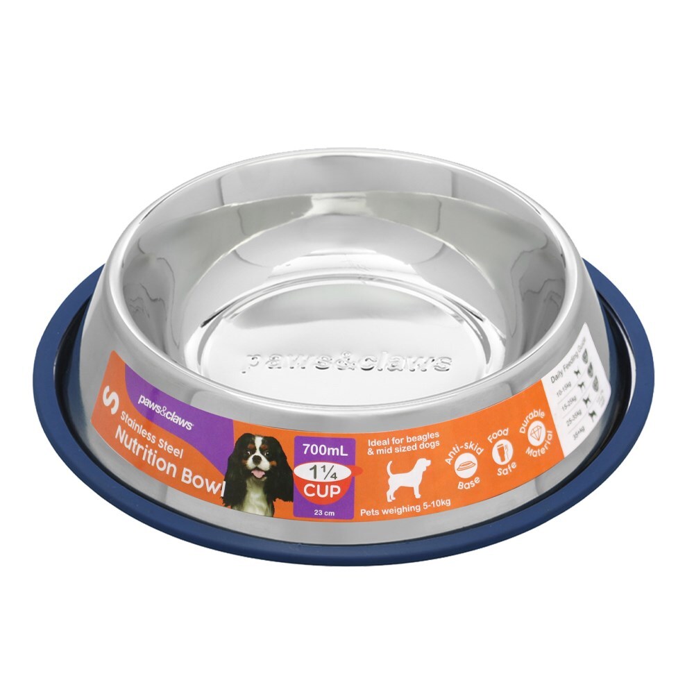 Paws & Claws Stainless Steel 700ml Anti-Skid Pet Bowl Blue