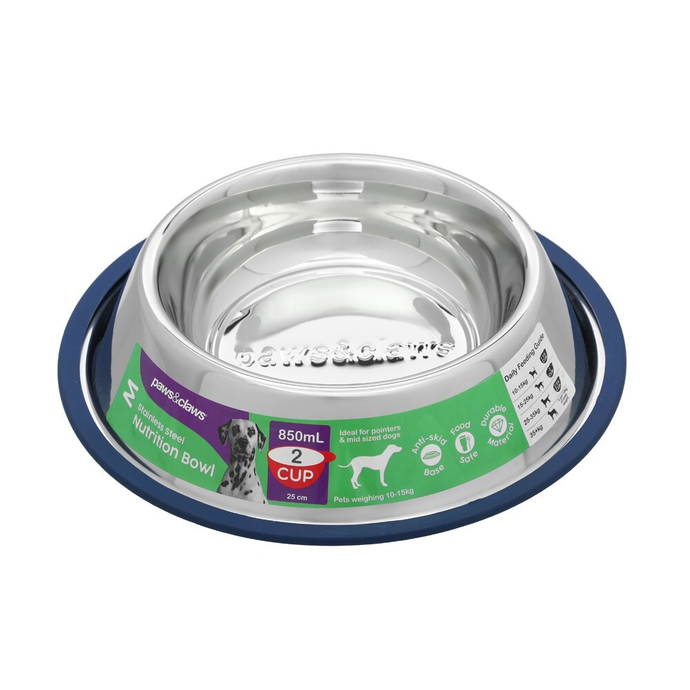 Paws & Claws Stainless Steel Pet Bowl Blue Anti-Skid 850Ml