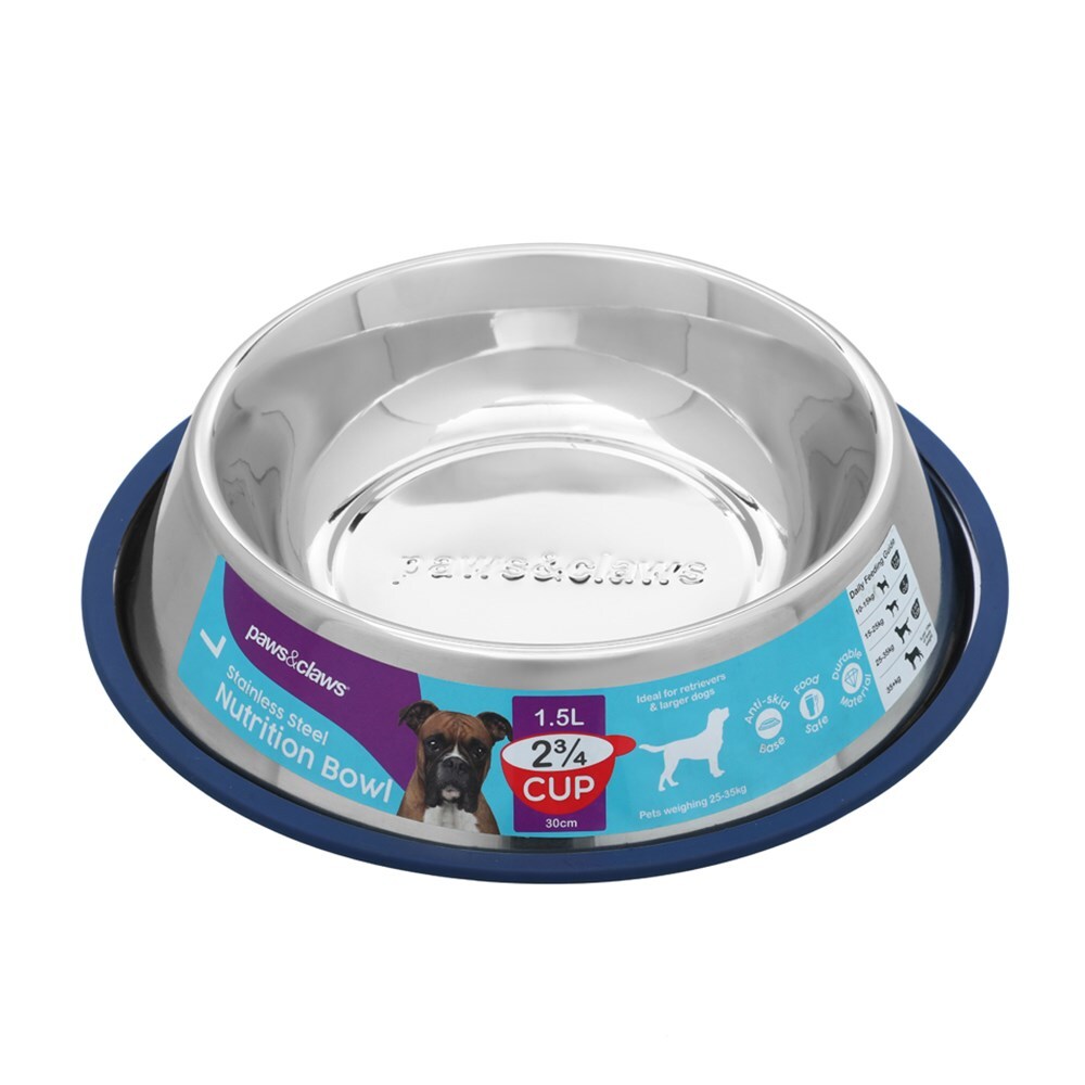 Paws & Claws Stainless Steel Pet Bowl Blue Anti-Skid 1.5L
