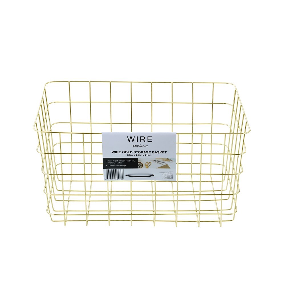 Boxsweden Large 38x26cm Wire Storage Basket - Gold