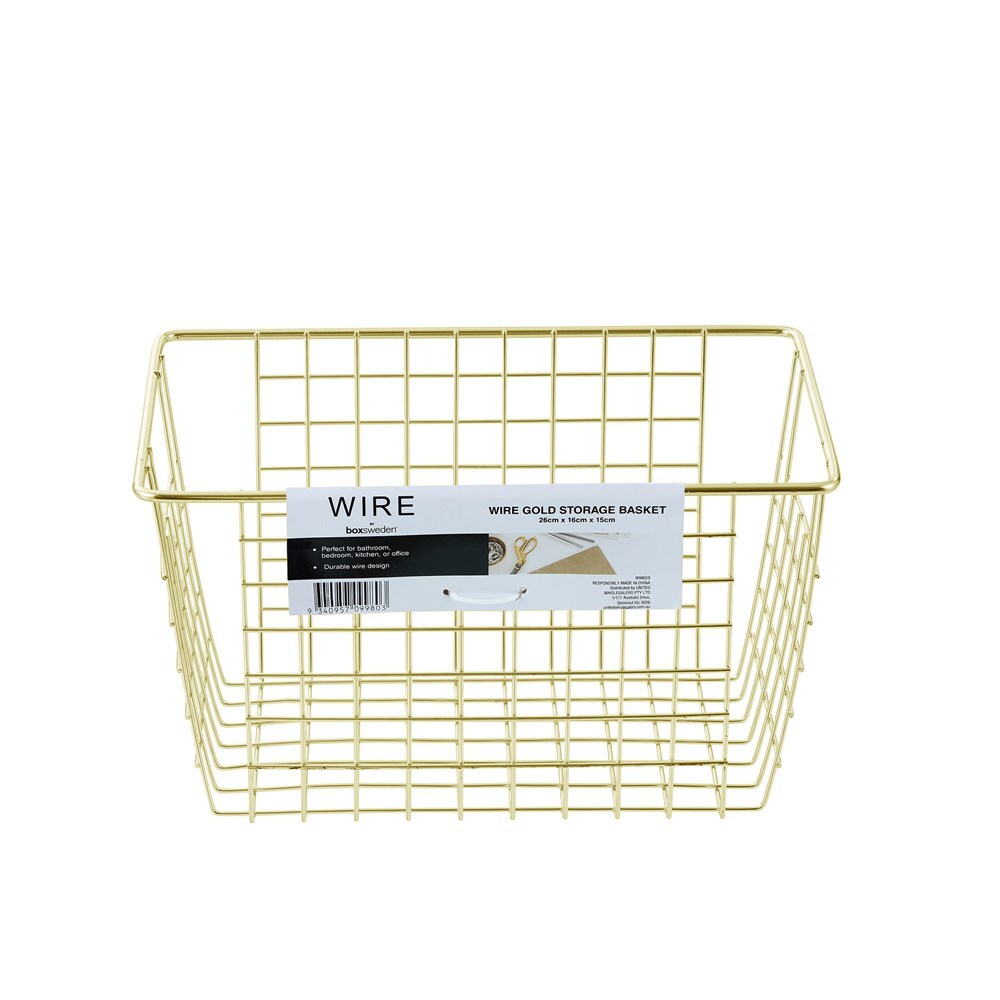 Boxsweden 26x15cm Wire Storage Basket - Gold