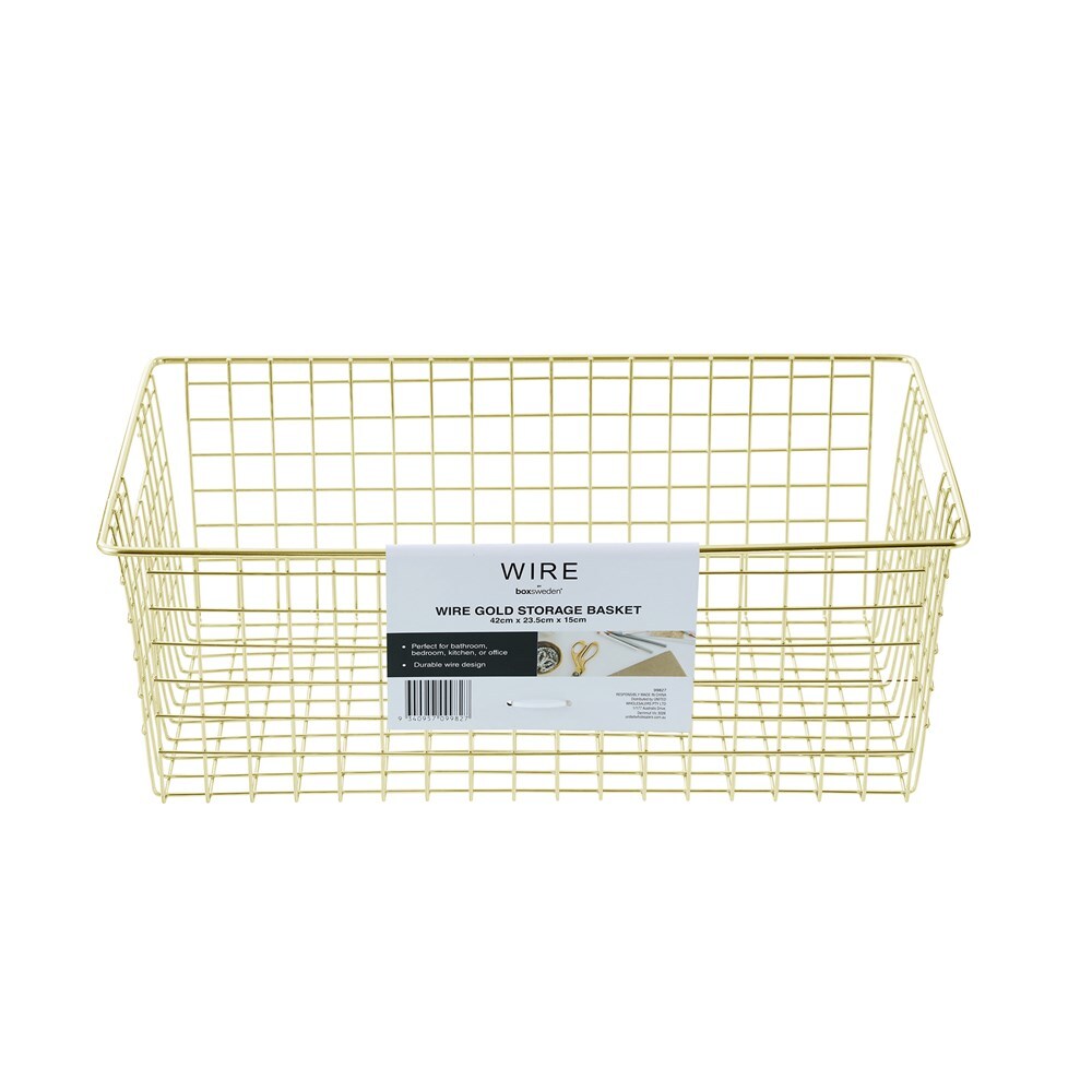 Boxsweden 40x15cm Wire Storage Basket - Gold