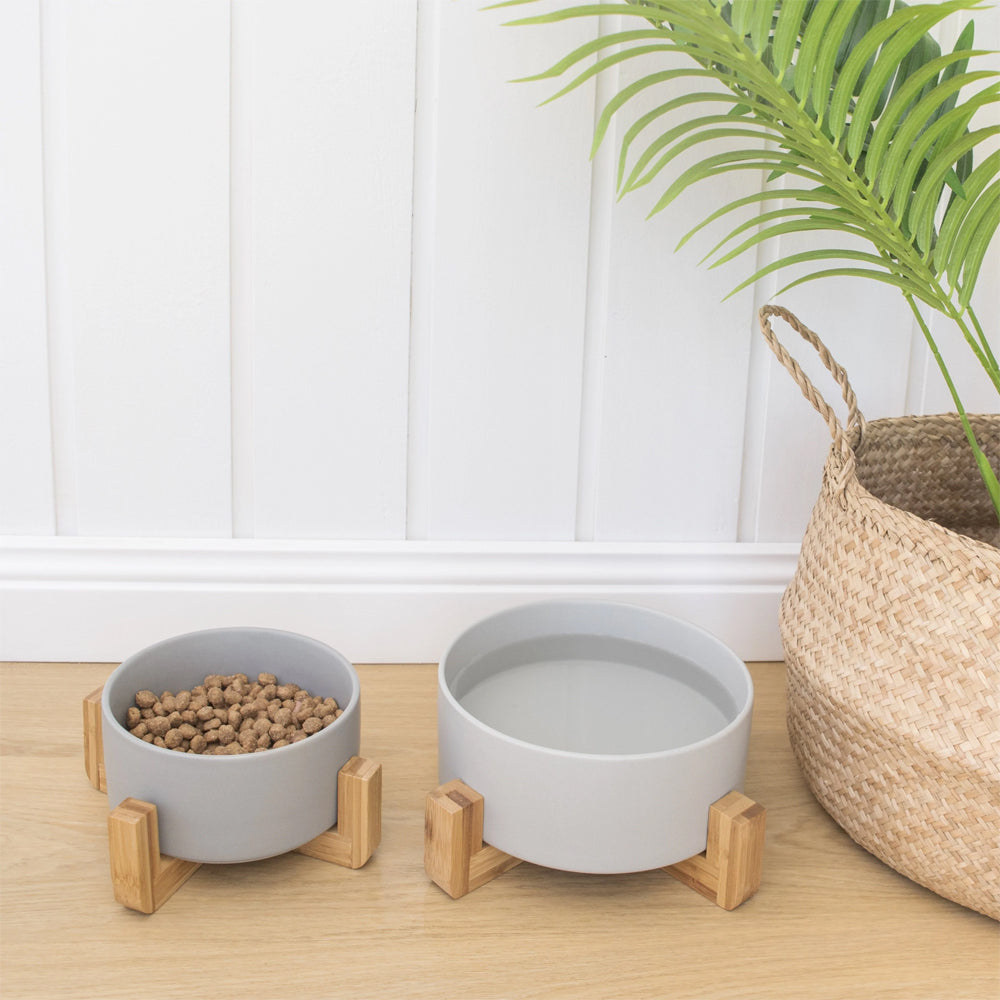 Louie Living 15.8x7cm Ceramic Dog/Pet Bowl w/ Bamboo Stand Medium Grey