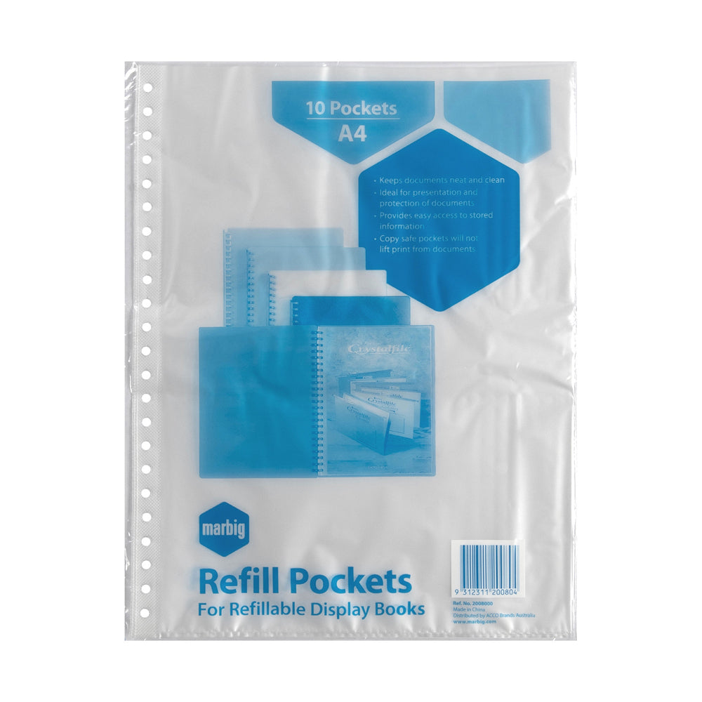 2008000-10pc-marbig-a4-refillable-display-book-refills-clear