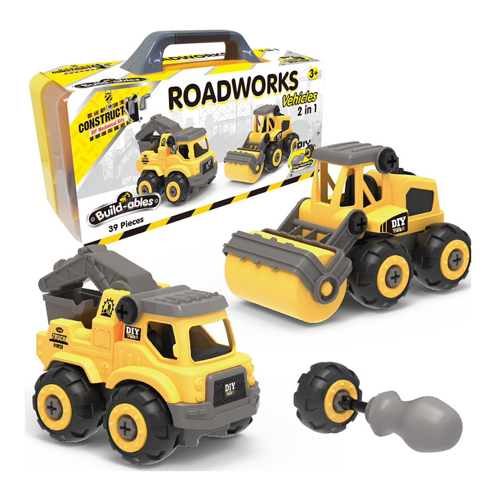 39pc Construct IT Buildables 2in1 Roadworks Vehicle Set w/ Case Kids 3+ YLW