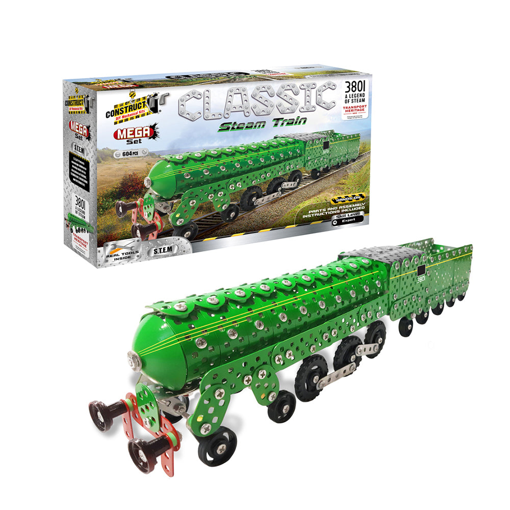 604pc Construct IT Mega Set DIY 3801 Steam Train Toy w/ Tools Kit Kids 8y+