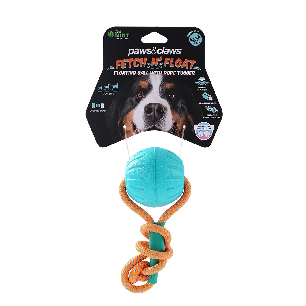 12069-paws-and-claws-6cm-fetch-n-play-ball-rope-tugger-dog-pet-toy-aqua