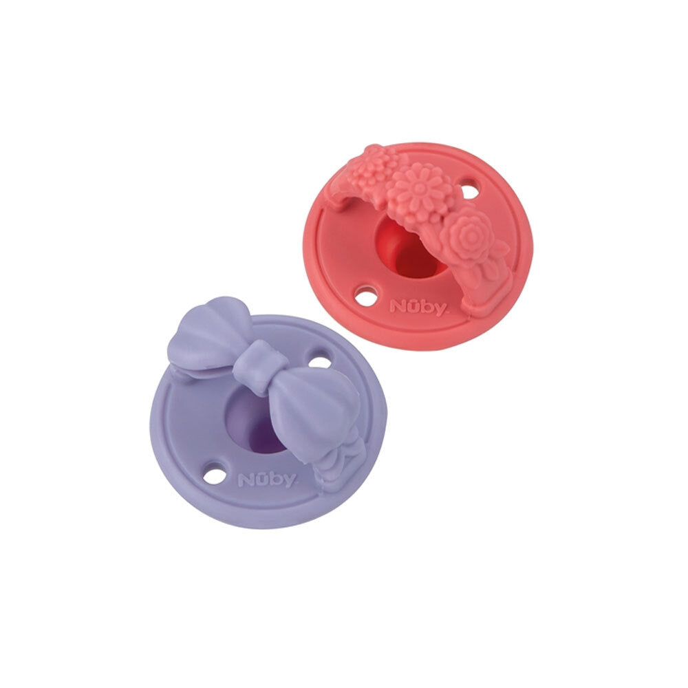 7008688-2pc-nuby-3-d-silicone-pacifier-soother-w-silicone-cherry-baglet-assorted