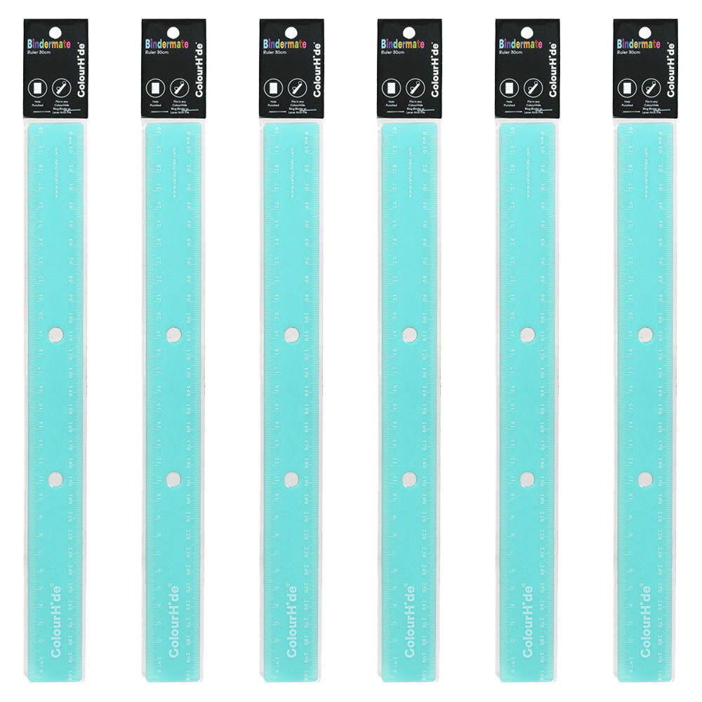 6pc Colourhide 30cm Bindermate Ruler For Ring Binder - Aqua