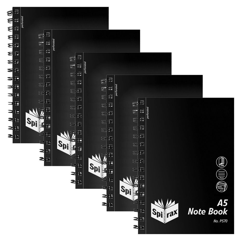 5657000-5pc-spirax-p570-writing-pp-notebook-a5-7mm-ruled-200-pages-black