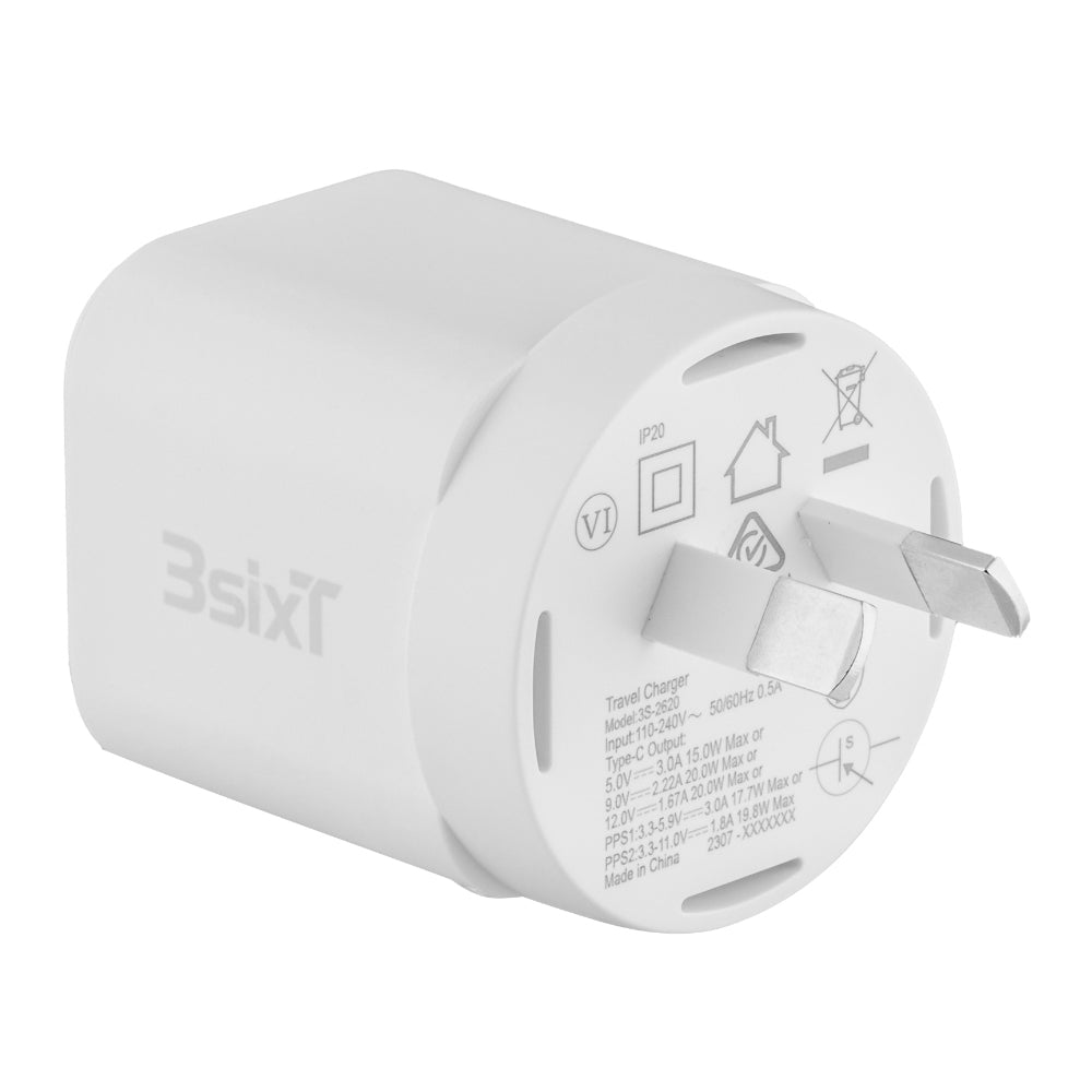 3s-2620-3sixt-wall-charger-adapter-gan-20w-usb-c-pd-white