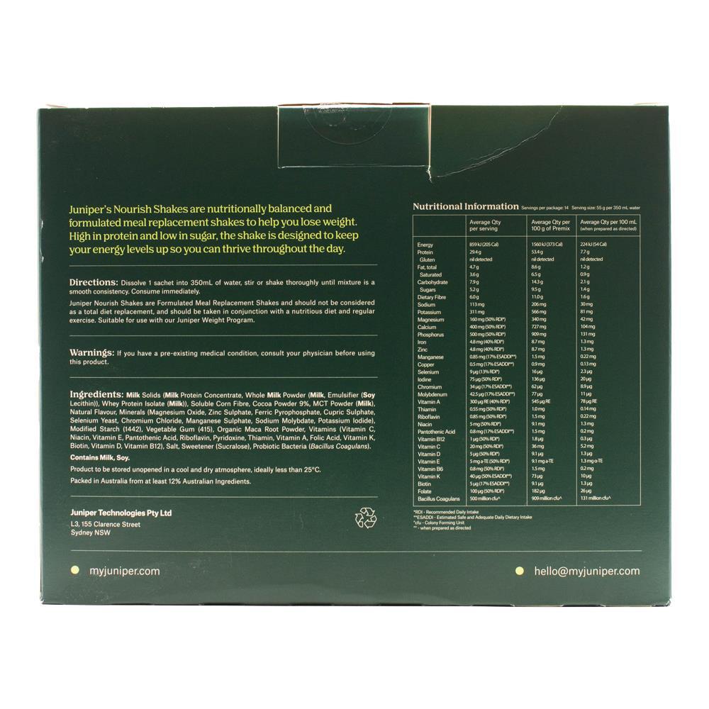 14pc Juniper Nourish Shakes Chocolate Flavour Weight Loss Meal Drink Sachet