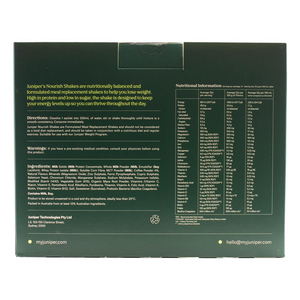 14pc Juniper Nourish Shakes Espresso Flavour Weight Loss Meal Drink Sachets