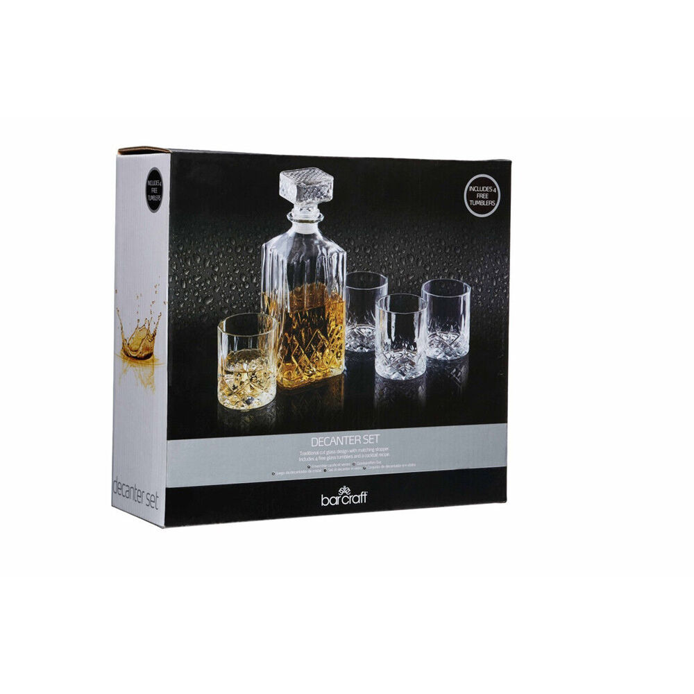 82381-5pc-barcraft-900ml-whiskey-decanter-w-200ml-glass-tumbler-clear