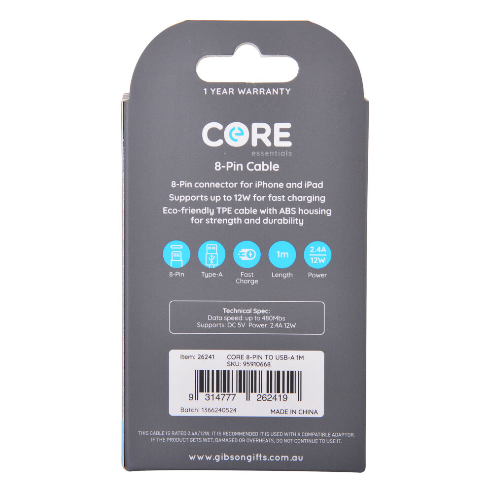 26241-core-8-pin-to-usb-a-cable-charging-cord-1m-for-apple-iphone-14-13-white