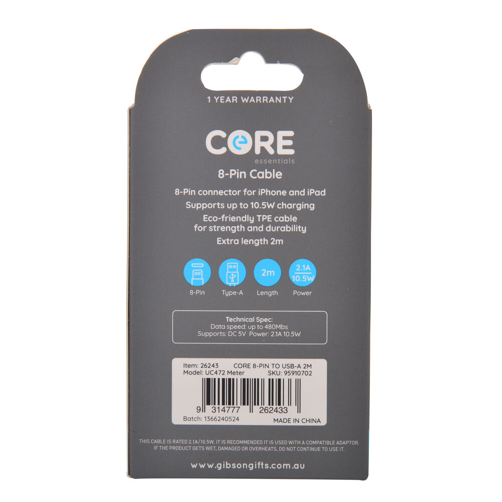 26243-core-8-pin-to-usb-a-cable-charging-cord-2m-for-apple-iphone-14-13-white