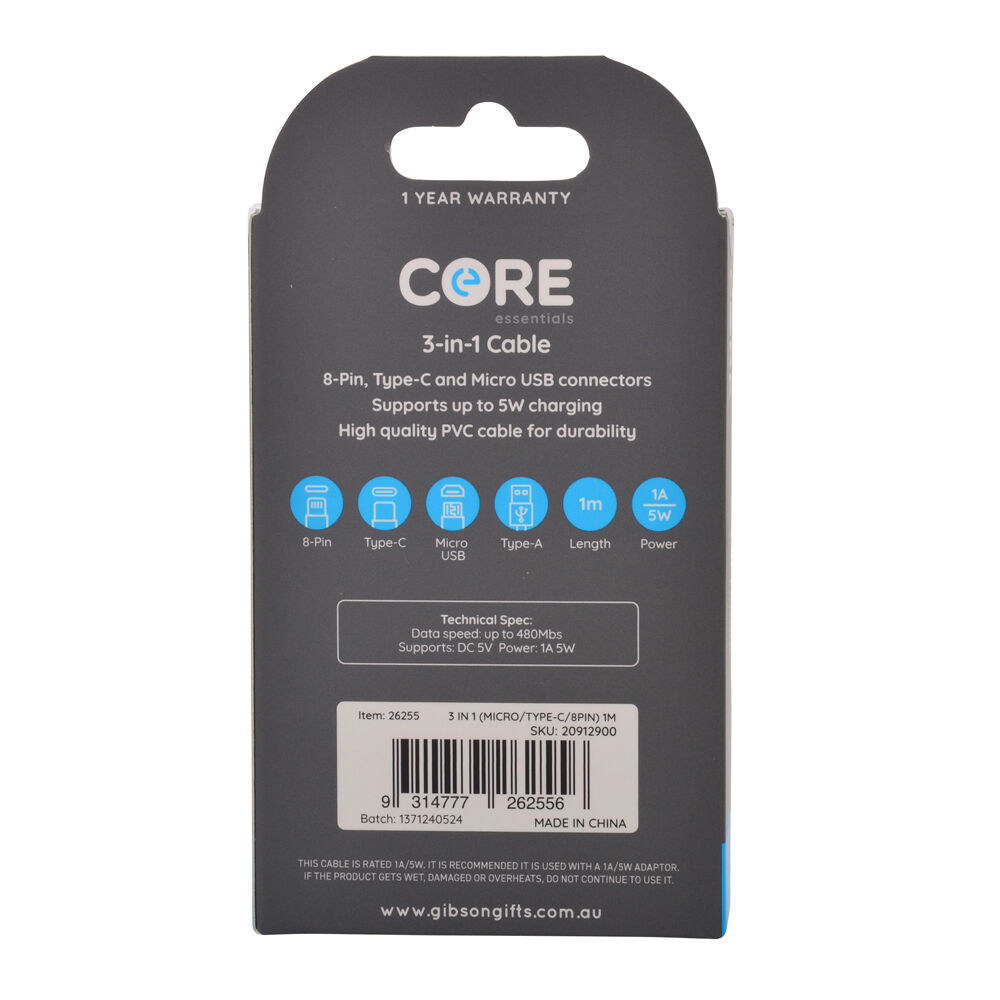 26255-core-3in1-micro-usb-c-to-8-pin-cable-charging-cord-1m-for-iphone-samsung-wht