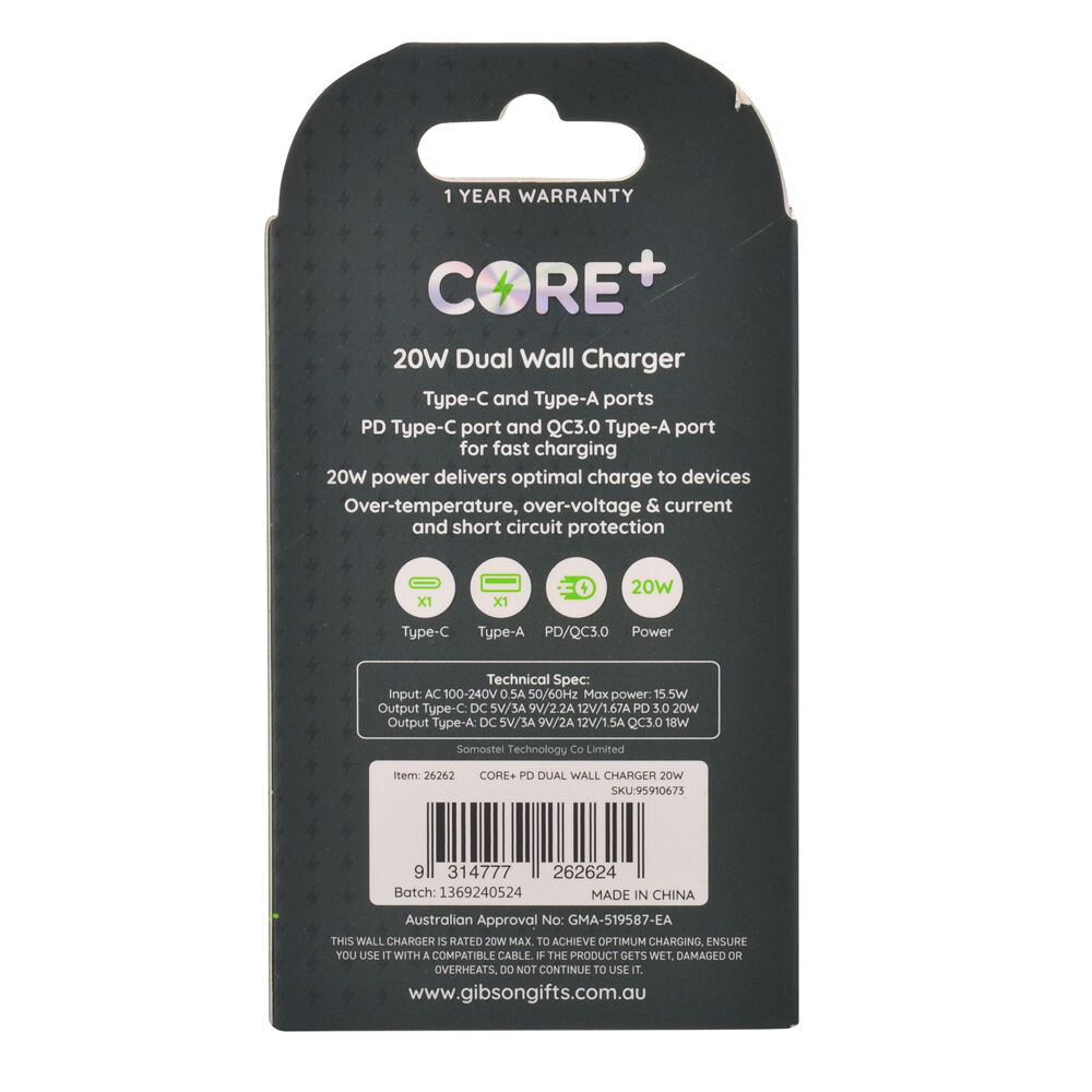 26262-core-type-c-usb-a-dual-port-wall-charger-20w-white