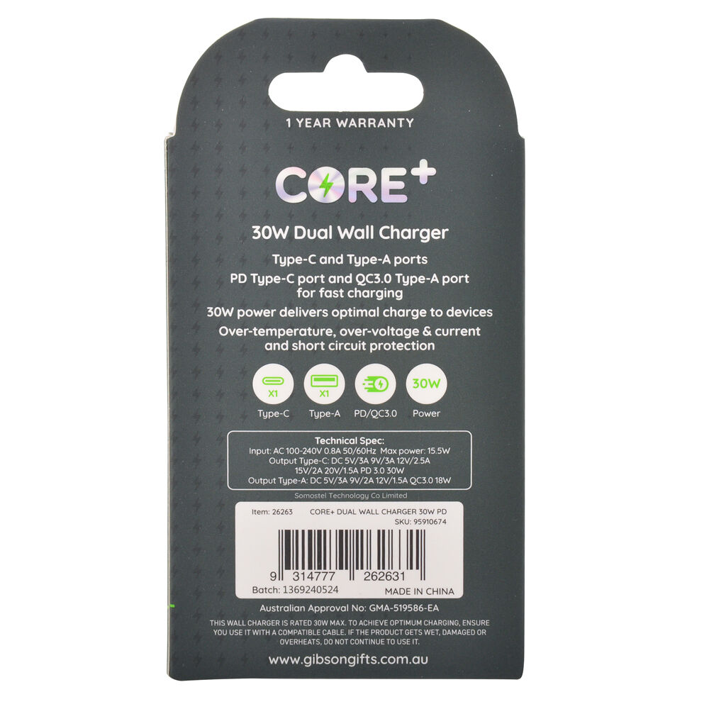 26263-core-type-c-usb-a-dual-port-wall-charger-30w-white